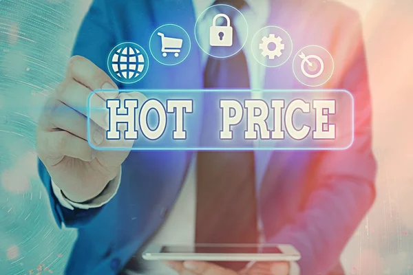 Schrijfbriefje met Hot Price. Zakelijke foto presentatie van de laagste deal aangeboden aan een koper bij de aankoop van bepaalde producten. — Stockfoto