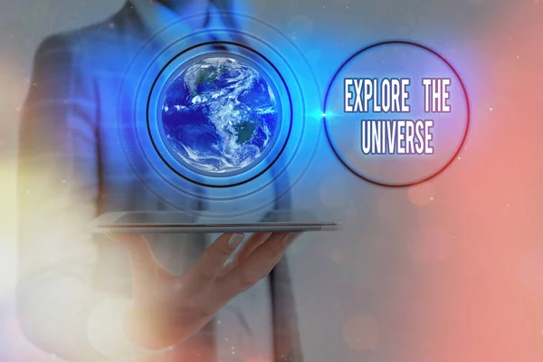 Writing note showing Explore The Universe. Business photo showcasing Space and Scientific discovery of the galaxies Elements of this image furnished by NASA. — Stock Photo, Image