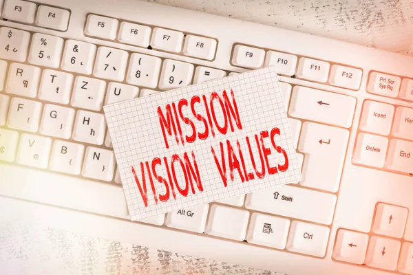 Writing note showing Mission Vision Values. Business photo showcasing company business profile goal and care statement Keyboard office supplies rectangle shape paper reminder wood.