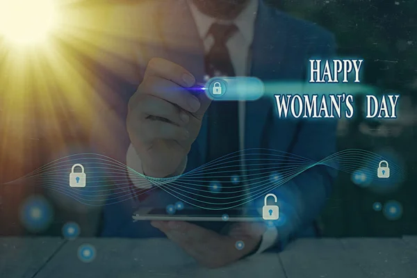 Woord schrijven tekst Happy Woman S Day. Bedrijfsconcept om de essentie van elke dame ter wereld te herdenken. — Stockfoto