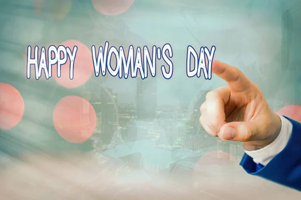 Schrijfbriefje met Happy Woman S Day. Zakelijke foto presentatie ter herdenking van de essentie van elke dame over de hele wereld. — Stockfoto