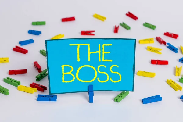 Texte écrit The Boss. Concept d'entreprise pour avoir autorité et en charge de l'organisation en tant que chef Papiers à pinces à linge colorés rappel vide fond blanc bureau. — Photo