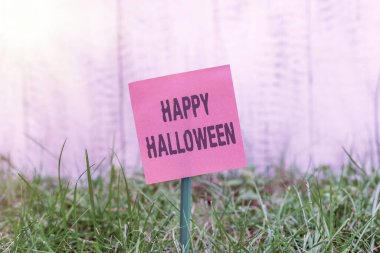 Mutlu Cadılar Bayramı 'nı gösteren bir not yazıyorum. İş fotoğraflarıyla dolu bir gün. Korkunç bir görünüş, perili bir ev ve çimenli topraklara yapıştırılmış bir kağıt parçası..