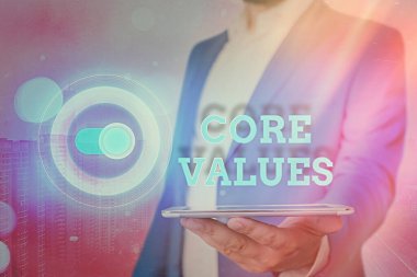 Kelime yazma Core Values. Neyin yanlış neyin doğru olduğunu belirleyen prensipler için iş kavramı.