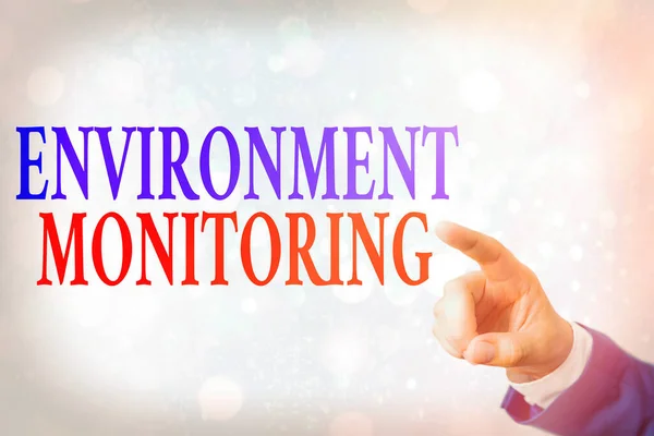 Writing note showing Environment Monitoring. Business photo showcasing basis of production of natural impact assessments. — Stock Photo, Image