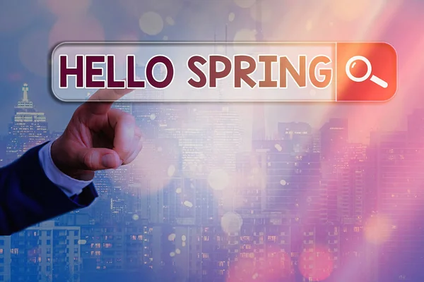 Scrittura concettuale a mano che mostra Hello Spring. Foto aziendale che mostra il saluto per le piante fresche e la stagione dei fiori in fiore . — Foto Stock