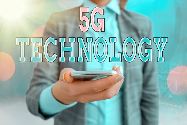 5G 기술을 보여 주는 손 글씨이다. Business photo showshowshowshowshowshowing high speed mobile Internet, 새로운 세대 무선 시스템 네트워크. — 스톡 사진