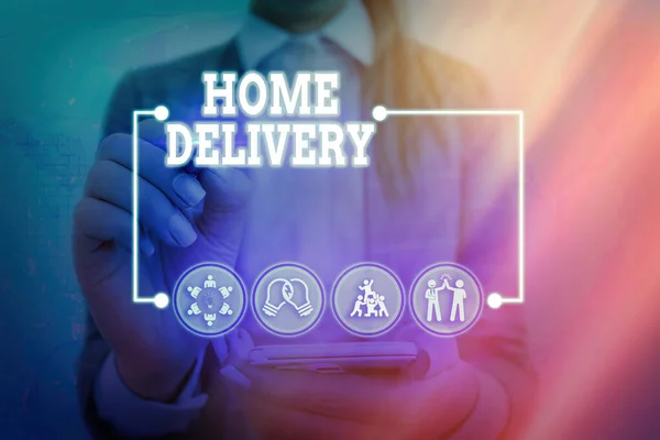 Käsitteellinen käsin kirjoittaminen osoittaa Home Delivery. Business valokuva teksti Kaikki kassalla kohteita lähetetään suoraan ostajalle s on koti. — kuvapankkivalokuva