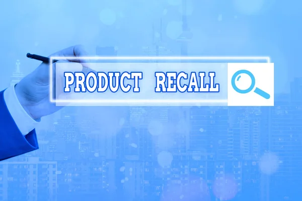 Sinal de texto mostrando Product Recall. Pedido de fotografia conceitual para devolver os possíveis problemas do produto ao mercado . — Fotografia de Stock