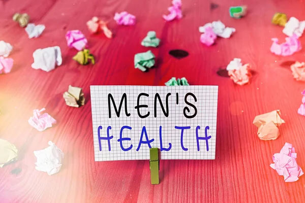 Ecriture conceptuelle montrant Men S Health. Photo d'affaires montrant les hommes s est état de complet bien-être physique, mental et social . — Photo