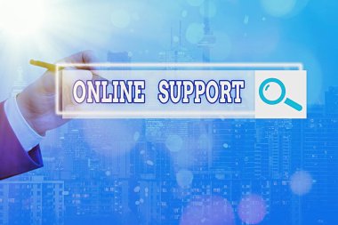 Çevrimiçi Desteği gösteren metin işareti. Alıcıların sorunlarını çözmede yardımcı olan hizmetlerin kavramsal fotoğraf aralığı sorundur.