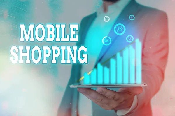 Escritura a mano escritura de texto Mobile Shopping. Concepto que significa comprar mercancía conducida usando un teléfono celular . —  Fotos de Stock