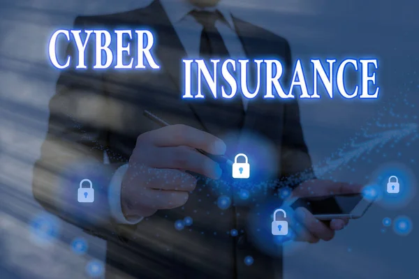 사이버 보험 (Cyber Insurance) 은 다음을 가리키는 말이다. Business photo text exclusive plan to protect the company from Internetbased risk. — 스톡 사진