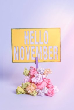 Merhaba November yazılı mesaj. Yılın onbirinci ayını karşılarken kullanılan kavramsal fotoğraf selamlaması hatırlatıcı yığın renkli buruşuk kağıt çamaşır tokası mavi arkaplanı hatırlatır.