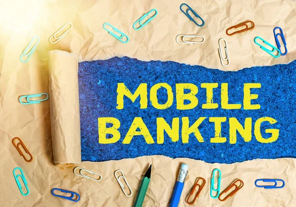 Conceptual hand writing showing Mobile Banking. Business photo text to create financial transactions with the use of smartphone. — Stock Photo, Image