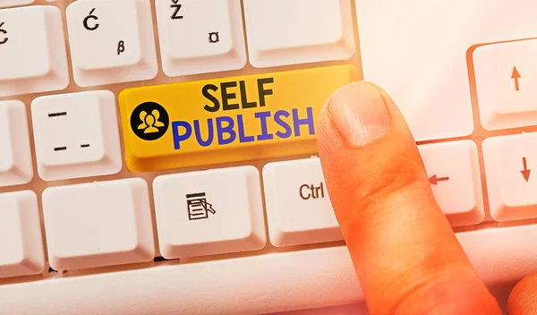 Writing note showing Self Publish. Business photo showcasing Publication Write Journalism Manuscript Article Facts Independent Own Expense. — Stock Photo, Image