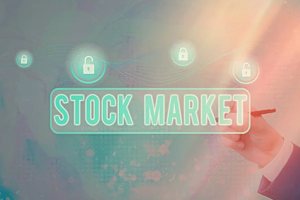 Texto para escrita de palavras Stock Market. Conceito de negócio para negociação forex para investimento financeiro e tendências da economia . — Fotografia de Stock