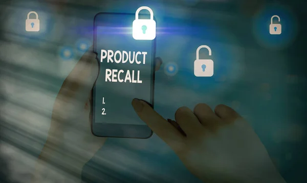Writing note showing Product Recall. Business photo showcasing request to return the possible product issues to the market.