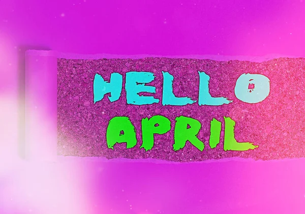 Escritura a mano conceptual que muestra Hello April. Texto de la foto de negocios una expresión de saludo utilizado cuando se da la bienvenida al mes de abril . — Foto de Stock