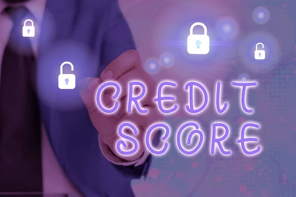 Textzeichen mit Credit Score. Konzeptfotos numerischer Ausdruck, der auf die Kreditwürdigkeit einer Person hinweist. — Stockfoto