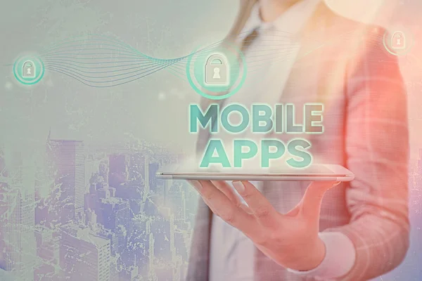 Εννοιολογική γραφή χέρι δείχνει Mobile Apps. Επαγγελματική φωτογραφία κείμενο μια εφαρμογή λογισμικού που έχει σχεδιαστεί για να τρέξει σε φορητές συσκευές. — Φωτογραφία Αρχείου