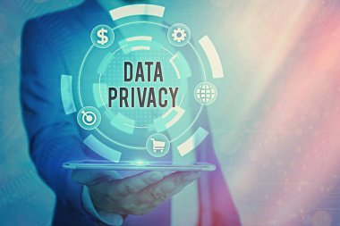 El yazısı veri gizliliği. Konsept, internet güvenliği ve web sitesinin dijital korunması veya ana sayfaya inme anlamına gelir.