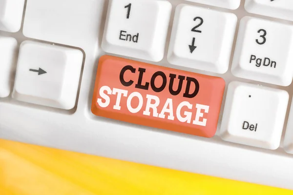 Textzeichen, das Cloud Storage zeigt. Konzeptfotos verbinden Geräte mit Cloud-Daten auf Fernspeicher. — Stockfoto