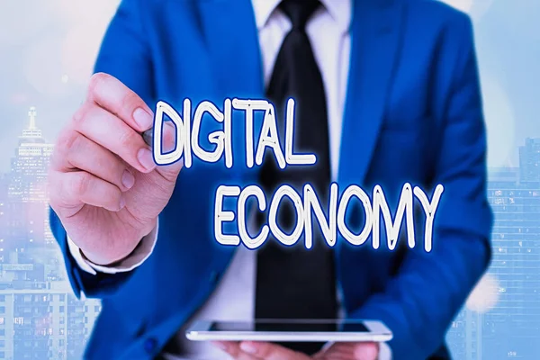 디지털 경제 (Digital Economy) 라고도 한다. 현대 과학 기술을 사용하여 구축 된 경제 발전을 위한 사업 개념. — 스톡 사진