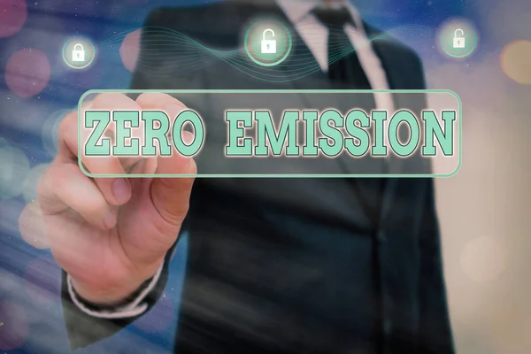 Handschrifttekst Zero Emission. Concept betekent verwijst naar een motor die geen atmosferische verontreinigende stoffen uitstoot. — Stockfoto