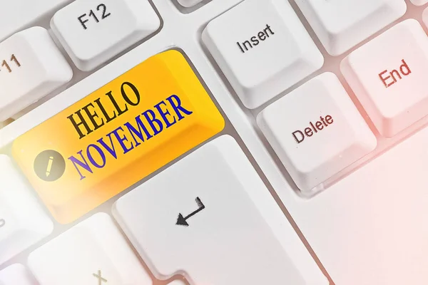 Textschild mit Hallo November. Konzeptioneller Foto-Gruß zur Begrüßung des elften Monats des Jahres. — Stockfoto
