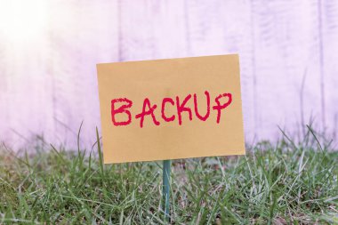 Desteği gösteren bir not yazıyorum. Önemli bilgilerin kaybolmasını önleyen iş fotoğrafı gösterimi. Çimenli topraklara yapıştırılan düz kağıt..