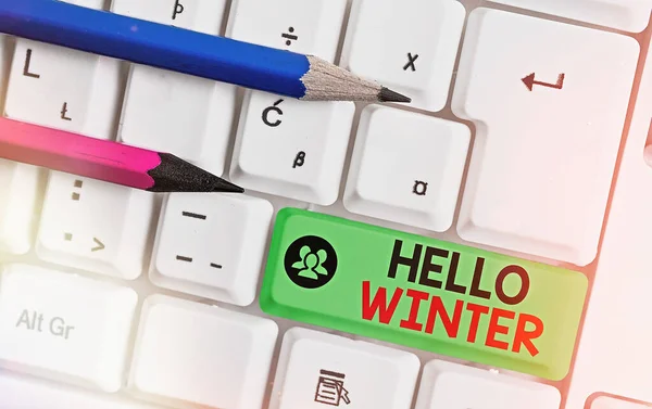 Scrittura concettuale a mano che mostra Hello Winter. Foto aziendale che mostra il saluto fino alla fine dell'autunno la stagione più fredda intorno a dicembre . — Foto Stock