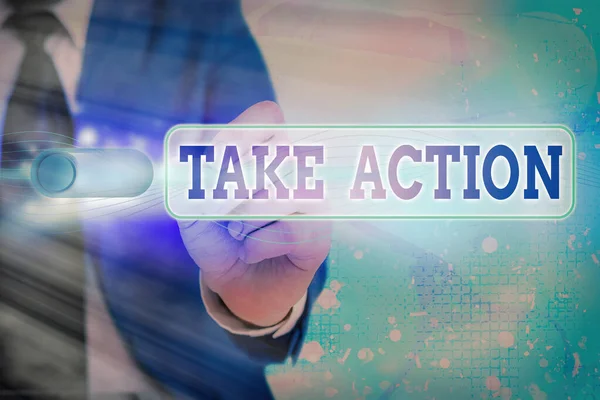 Writing note showing Take Action. Business photo showcasing positive act of making a decision to resolve the problem. — Stock Photo, Image
