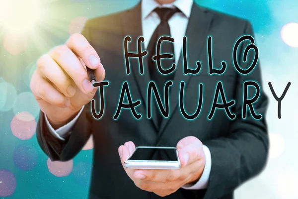 Kézírás szöveg Hello January. Fogalom jelentése köszöntés az év első hónapjának köszöntésekor. — Stock Fotó