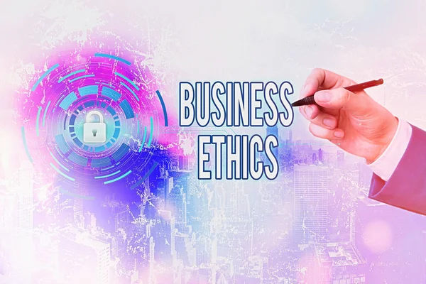 Scrivere testi a mano Business Ethics. Concetto che significa politiche appropriate che disciplinano il funzionamento di un'impresa . — Foto Stock