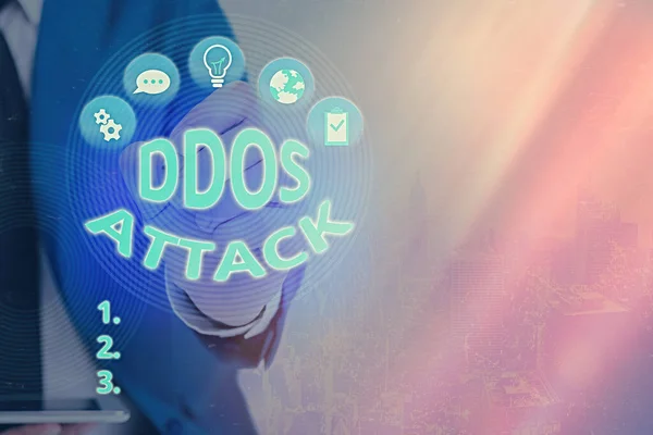 Ddos attack 을 보여 주는 필기 노트. 악의적 인 시스템에 의해 야기된 일반 서버에 대한 접근을 방해하는 비즈니스 사진 표시. — 스톡 사진