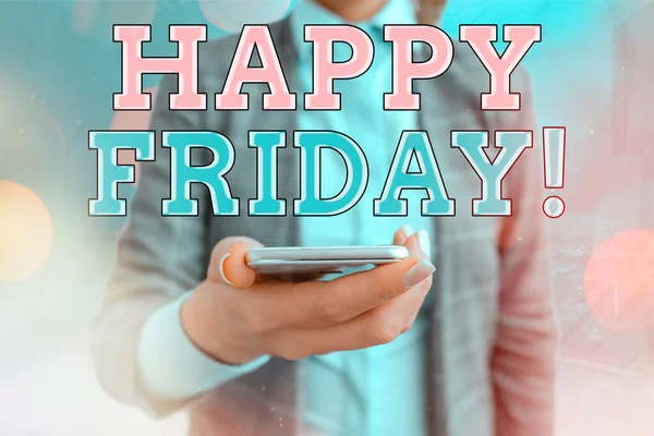 Conceptual hand writing showing Happy Friday. Business photo showcasing celebration of a nice weekend and after work party or dining. — Stock Photo, Image