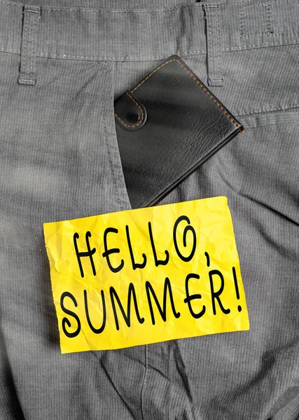 Parola che scrive testo Ciao, Summer. Business concept per il saluto utilizzato quando si vive la stagione calda dell'anno Portafoglio piccolo dentro pantaloni uomo tasca frontale vicino alla carta da notazione . — Foto Stock