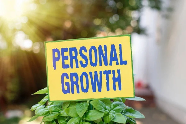 Writing note showing Personal Growth. Business photo showcasing a longterm process which shows the development of a Plain paper attached to stick and placed in the grassy land.
