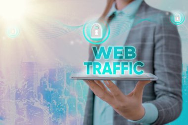 Web trafiğini gösteren kavramsal el yazısı. Web kullanıcılarının iş metni miktarı ve bir web sitesini ziyaret etme girişimi.
