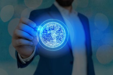 Global Teknoloji İnternet İş Ağı, Dünya 'daki Telekomünikasyon Kripto Para Birimi, Engelleme Zinciri ve Bir sürü şey. Gezegenin panoramik görüntüsü. Bu görüntünün elementleri NASA tarafından desteklenmektedir.