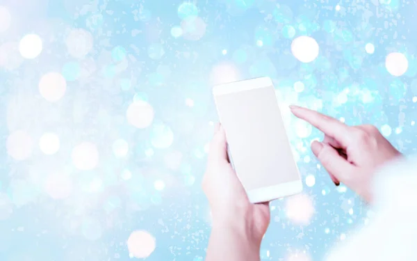 Close-up View of Smartphones Laptop Devices With White Open Screen Display Blank Space For Mock-up Under Colorful Bokeh Background — Stock Photo, Image