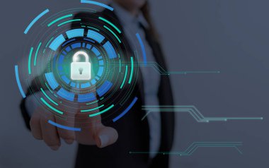 Sanal ekrandaki en son dijital teknolojinin grafikleri asma kilit güvenliği. Güvenli İnternet Ağı Web Veri Uygulama Sistemi.