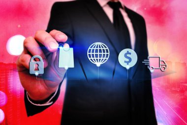 Bilgi işlem elemanları ve düz simgelerle bilgi işlem. En Son Dijital Teknoloji, Sosyal Medya, Ağ Bağlantısı ve İletişim, İş, Mali Konsept.