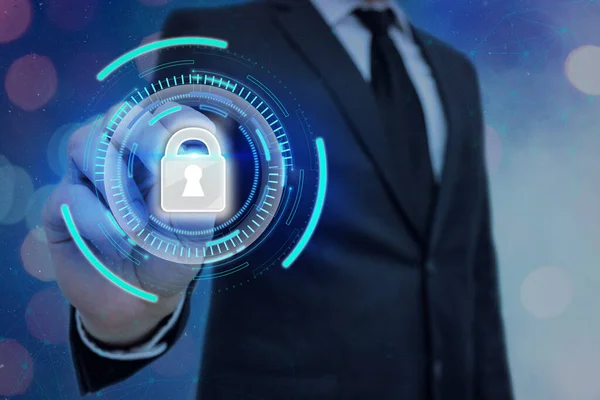 Graphics Of Latest Digital Technology Protection Data Padlock Security On The Virtual Display. Businessman With Lock To Secure. — Stock Photo, Image