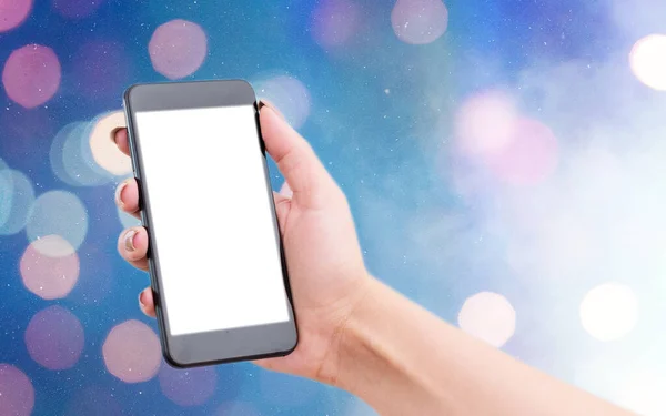 Close-up View of Smartphones Laptop Devices With White Open Screen Display Blank Space For Mock-up Under Colorful Bokeh Background — Stock Photo, Image