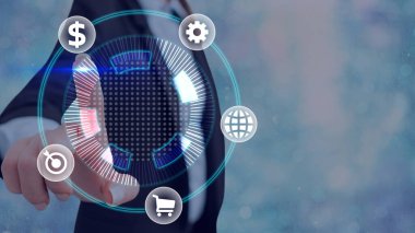 Bilgi işlem elemanları ve düz simgelerle bilgi işlem. En Son Dijital Teknoloji, Sosyal Medya, Ağ Bağlantısı ve İletişim, İş, Mali Konsept.