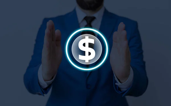 Empresario en color azul y borroso que representa el signo del dólar brillante que muestra la ganancia de inversión empresarial. Mostrando éxito financiero, ahorrar dinero, concepto de ahorro . — Foto de Stock
