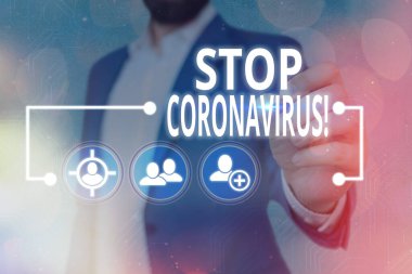 Kelime yazımı Coronavirus 'u durdurun. COVID19 vakalarını azaltmak için mücadele eden Hastalık Bilinci Kampanyası İş Konsepti Dijital Teknoloji Ağı bağlantıları bilgi kaynağı bilgi öğeleri simgesi.