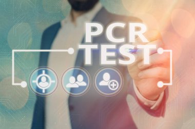 Kelime yazma Pcr Testi. DNA 'nın kısa seqeunce içerisindeki viral genomun niteliksel tespiti için iş kavramı Dijital Teknoloji Ağı bağlantı bilgisel öğeler simgesi.